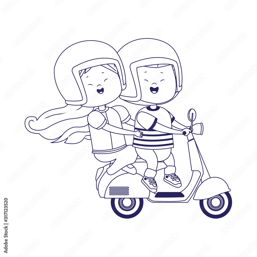 happy girl and boy riding a classic motorcycle, flat design happy girl and boy riding a classic motorcycle, flat design