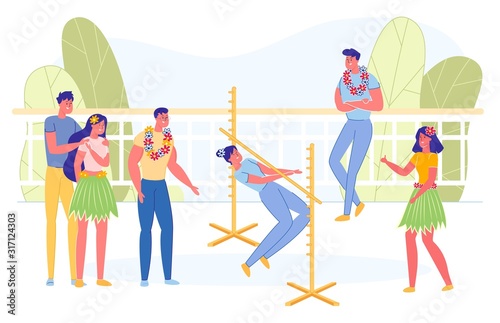 People Dancing Limbo Outdoor, Having Fun Flat.