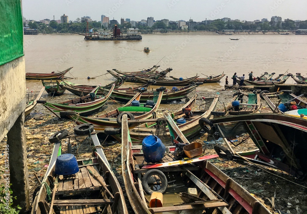 Pollution and Old Boats on Yangon River