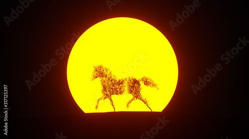 Silhouette of growing tree in a shape of Horse. Eco Concept. 3D rendering.