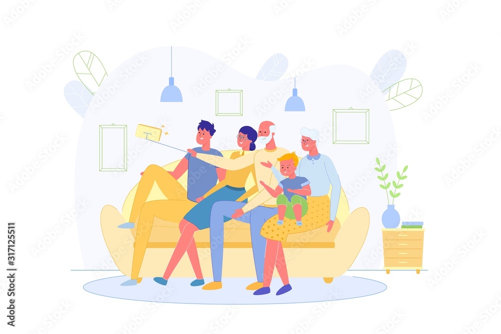 Big Family Taking Selfie in Living Room Together