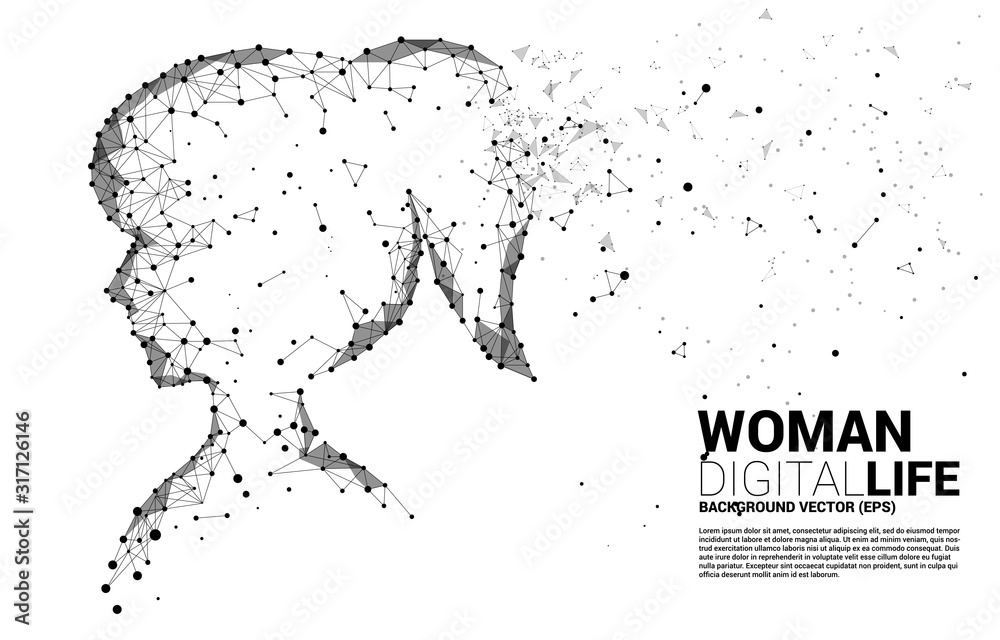 Vector silhouette of woman head from dot connect line polygon . Concept background human future and technology