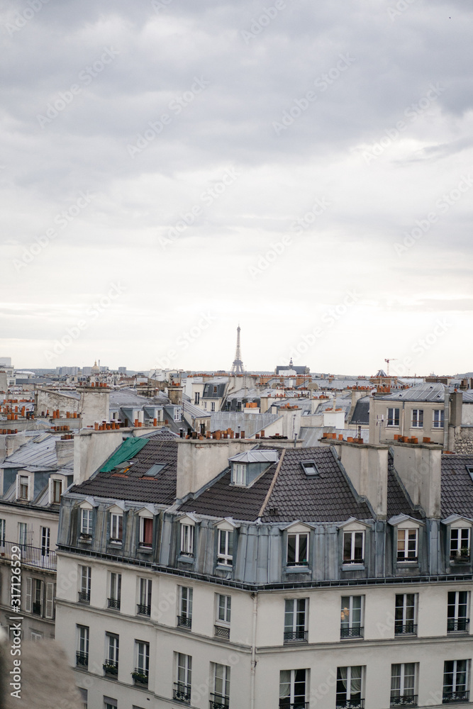 PARIS, Eiffel Tower in the urban space of the daytime city. The view from the roof of the houses.