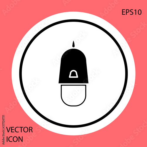 Black Police cap with cockade icon isolated on red background. Police hat sign. White circle button. Vector Illustration