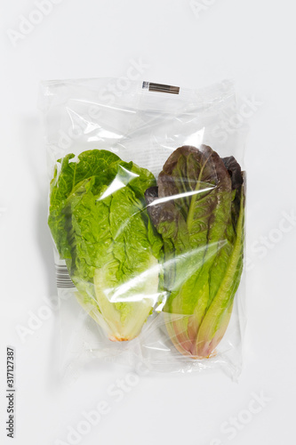 Use less plastic! Salad in plastic packaging isolated on white ground. Symbol for environmental pollution done by the food industry