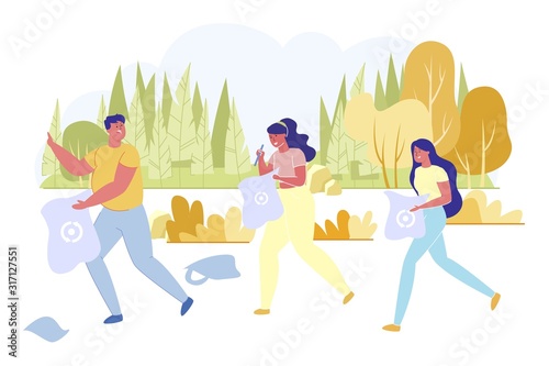 Friends Go to Collect Rubbish, Litter in Nature.
