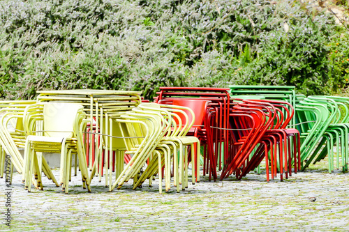 tables and chairs in cafe, in Lisbon Capital City of Portugal