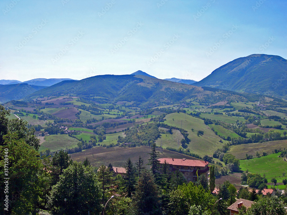 Italy, Marche, Apennines landscape view from Rocca Borgia.