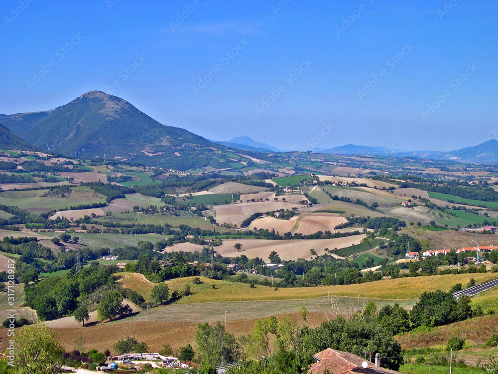 Italy, Marche, Apennines landscape view from Rocca Borgia.
