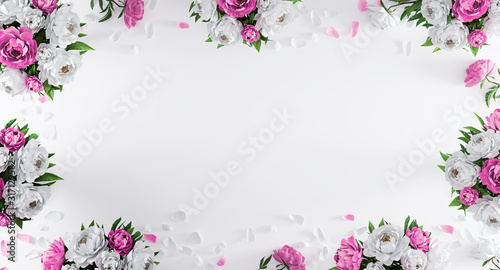 White background with white and purple peonies and flower petals from top view. Women's Day, Wedding invitation concept. Mother day, Birthday, Valentine's Day background mockup. Flat lay. 3d rendering