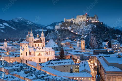 Beautiful view of the historic city of Salzburg with Festung Hohensalzburg in winter, Salzburger Land, Austria