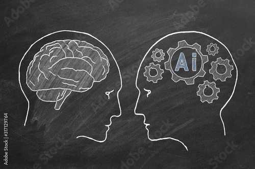 Human intelligence vs artificial intelligence. Face to face. Duel of views. Animated illustration on a school blackboard.