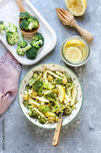 Pasta with broccoli, olives and preserved lemon