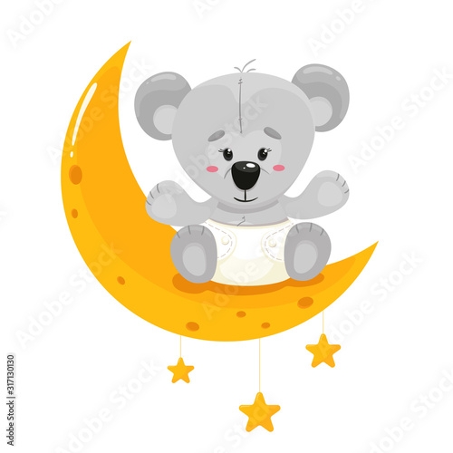 A cute teddy bear in a diaper on the moon. Vector illustration in cartoon flat style. White background.