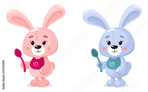 Cute bunnies boy and girl with spoons and bibs. Vector isolates of animals in cartoon flat style. Ideal for baby food.