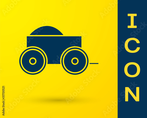 Blue Wooden four-wheel cart with hay icon isolated on yellow background. Vector Illustration