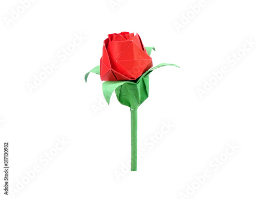 Fototapeta Naklejka Na Ścianę i Meble -  Origami red rose Isolated on white background. DIY (Do It Yourself) ideas for Valentine’s gift