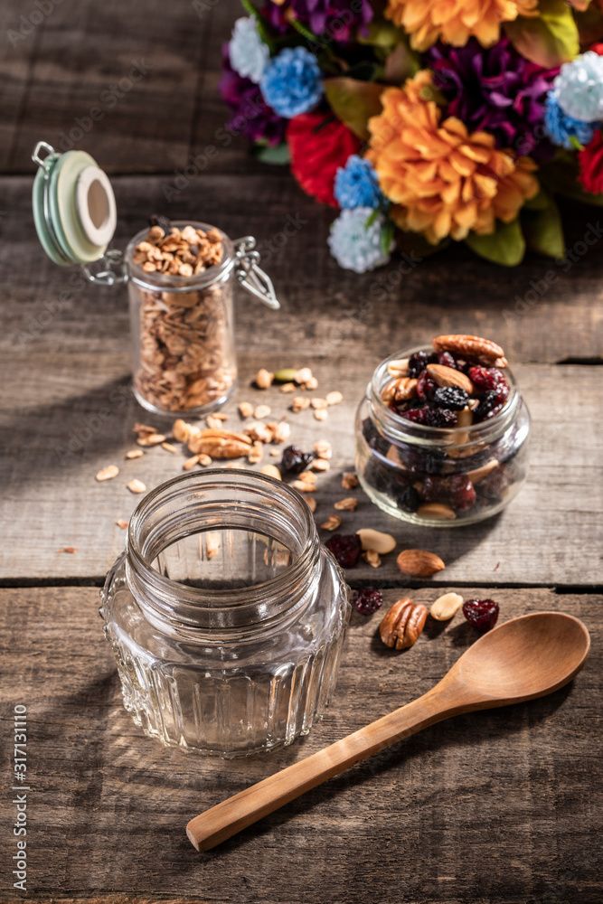 Jars of oatmeal and granola Jars of oatmeal and granola