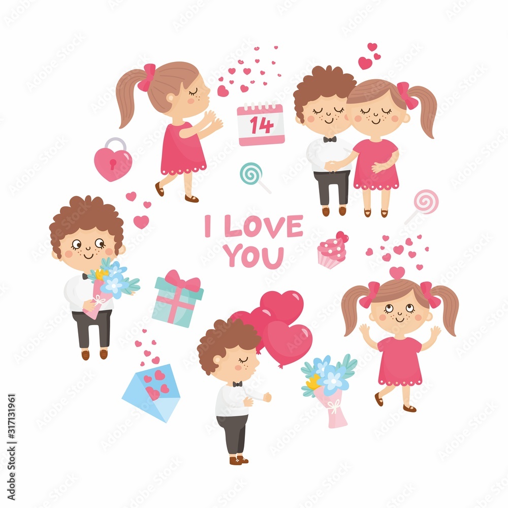 Valentine's Day romantic card. Cute illustration with sweet couples. Boy with bouquet and balloons, girl with hearts. Illustration for Valentines Day. Valentine's Day romantic card. Cute illustration with sweet couples. Boy with bouquet and balloons, girl with hearts. Illustration for Valentines Day.