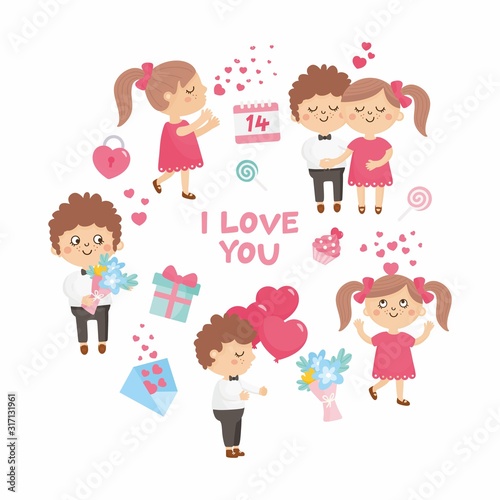 Valentine's Day romantic card. Cute illustration with sweet couples. Boy with bouquet and balloons, girl with hearts. Illustration for Valentines Day.