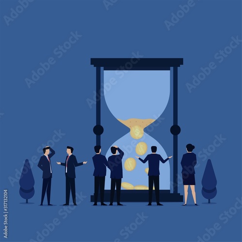 Business flat vector concept sand time is up and make a little money metaphor of unproductive time or waste time.