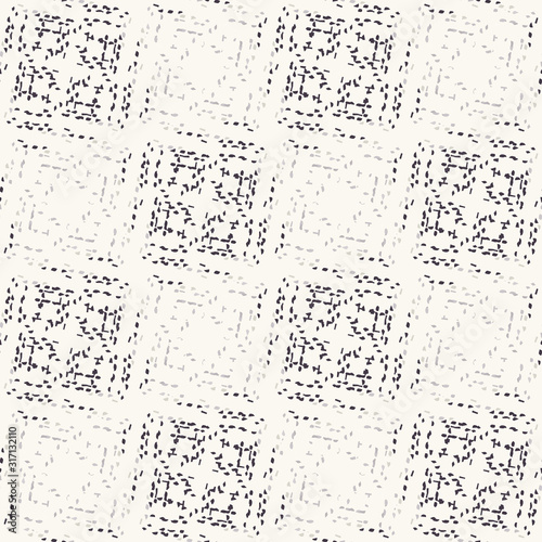 Monochrome broken glitch mosaic texture background. Distressed diagonal dashed line dotted seamless pattern. Black and off white distortion vector melange all over print. Masculine shirting styl