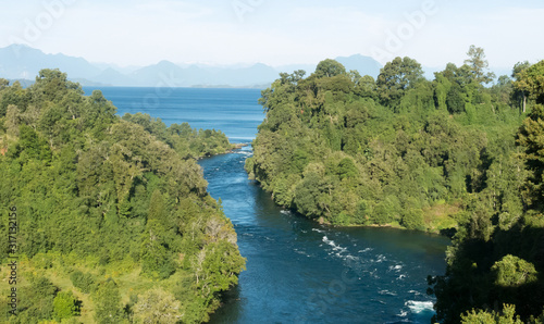 Birth of the Rio Bueno, leaving Lake Ranco. In the region of Los Ríos, in Araucanía or Patagonia, Chilean Andes. South of Chile.
