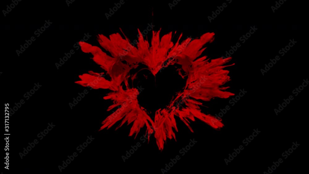 Valentine's Day red color burst forming a heart shaped hole. Vivid colored smoke powder explosion. Romantic colorful lovely ink logo and copy space. Isolated on black alpha copyspace