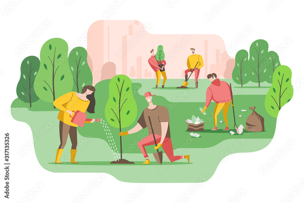 Volunteers plant a trees in the Park and put garbage in bags. Young people care about the environment. Vector illustration in a flat style - obrazy, fototapety, plakaty 