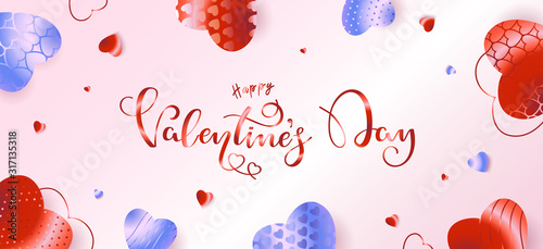 Festive background with red handwritten calligraphy text happy Valentine's day and colorful hearts. Vector illustration in a romantic style