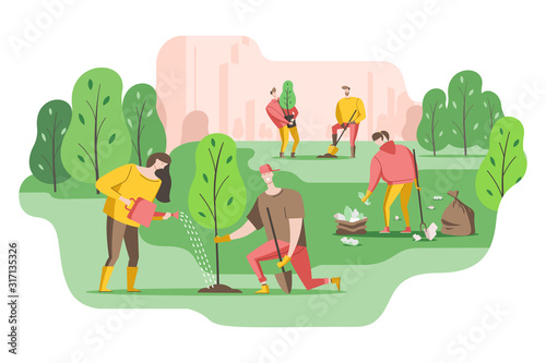 Volunteers plant a trees in the Park and put garbage in bags. Young people care about the environment. Vector illustration in a flat style