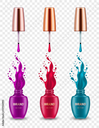 Set of realistic nail polish bottles with splashes on transparent background. Design element for cosmetic brand advertising poster