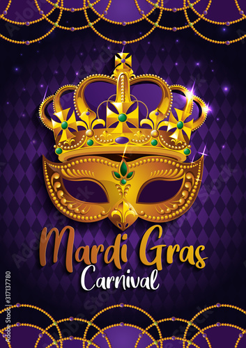 Mardi Gras, Carnival Party, Golden mask with crown,  gretting card banner, poster,  template, Flyer & brochure On background sparkling stars, vector illustration, EPS10.