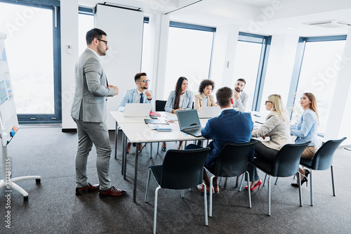 young business people meeting office whiteboard team colleague