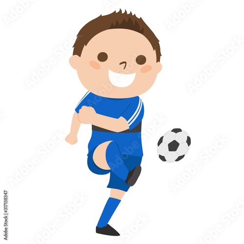 サッカーをする若い男性のイラスト。サッカーボールを蹴っているイラスト。