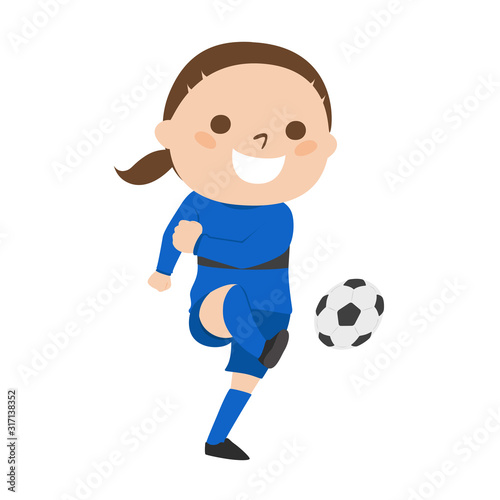 サッカーをする若い女性のイラスト。サッカーボールを蹴っているイラスト。