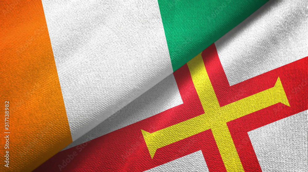 Ivory Coast Cote d'Ivoire and Guernsey two flags textile cloth, fabric texture Ivory Coast Cote d'Ivoire and Guernsey two flags textile cloth, fabric texture