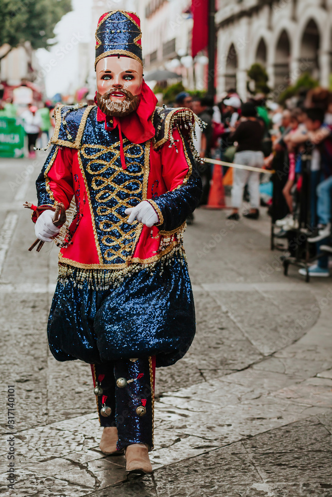 Mexican Carnival, mexican dancers with bright mexican folk costumes in Mexico