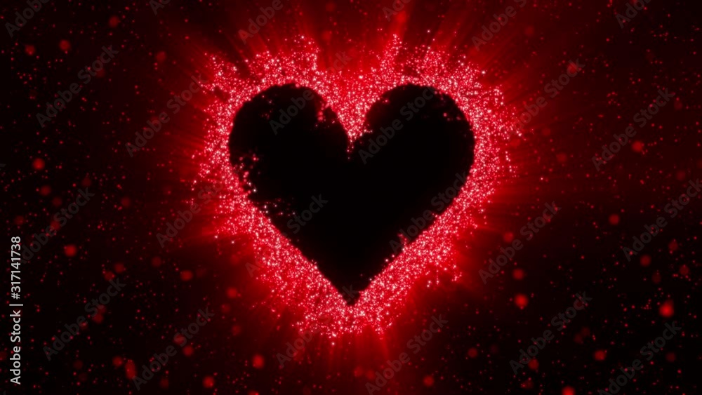 Red shining heart shaped glitter background. St. Valentines Day love animation. Blurry bokeh defocused sparkles. Vivid colored glowing particles. Romantic lovely logo copy space. alpha copyspace 4k