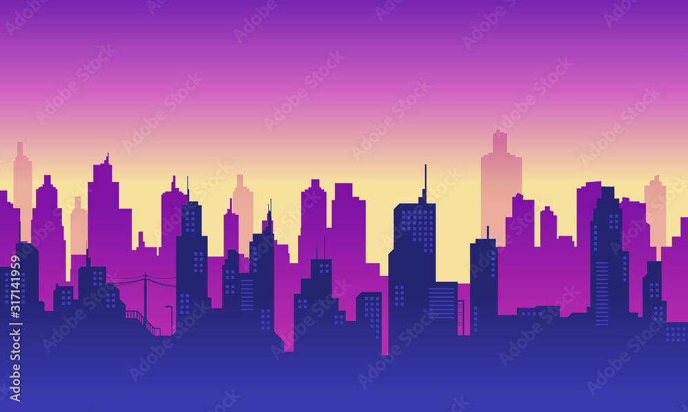 City silhouette with purple colour of sky