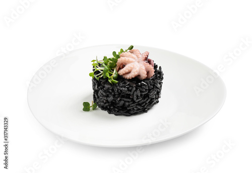 Delicious black risotto with baby octopus isolated on white