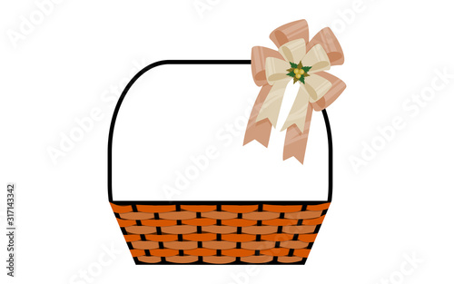 Empty wicker basket with ribbon isolated on transparent background. Container was made of metal wire and fiber. Flat design vector illustration.