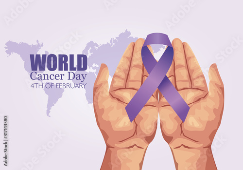 world cancer day poster with hands and ribbon