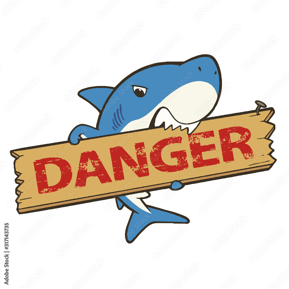 Dangerのたて看板をくわえているかわいいサメのキャラクターイラスト Stock Vector Adobe Stock
