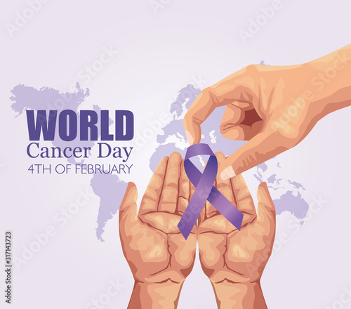 world cancer day poster with hands and ribbon