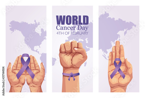 world cancer day poster with hands and ribbon