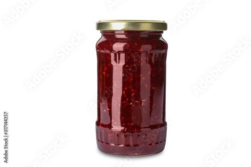 Jar of raspberry jam isolated on white