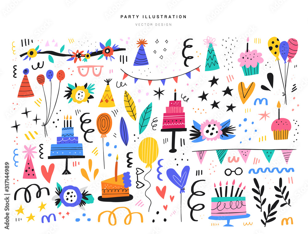 Party decorative items flat vector illustrations set - obrazy, fototapety, plakaty 