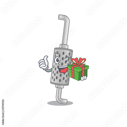 Smiley exhaust pipe character with gift box