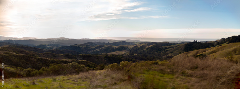 California Bay area Ocean panorama landscape with mountains and clouds
